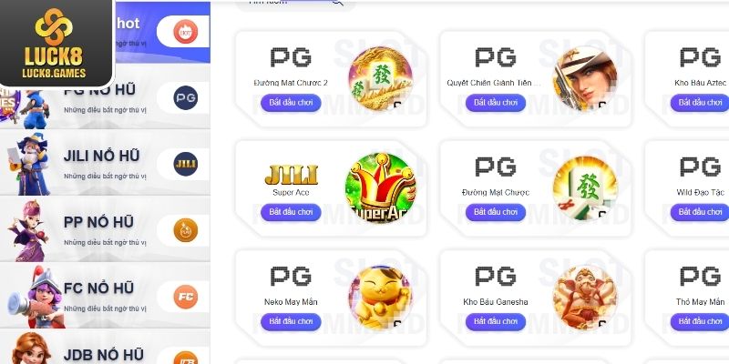 Danh sách sản phẩm hấp dẫn của chuyên mục slot game Luck8